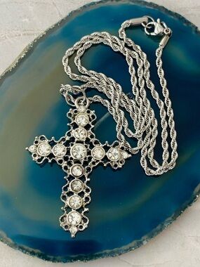 Silver-Tone Crystal Cross Pendant Necklace